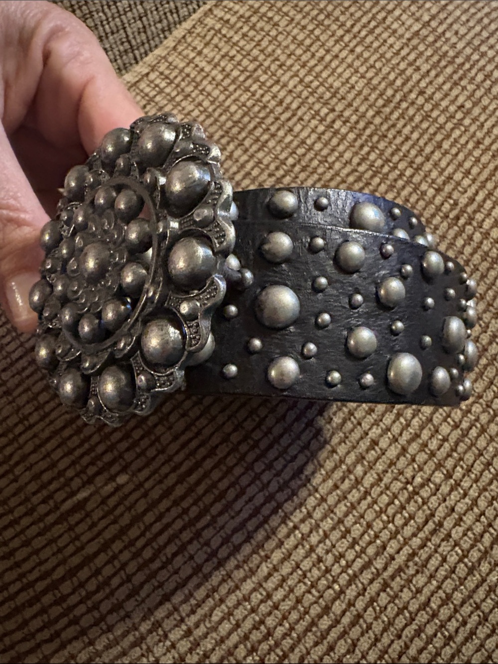 Studded EXPRESS Leather Belt with Ornate Silver Buckle - Black